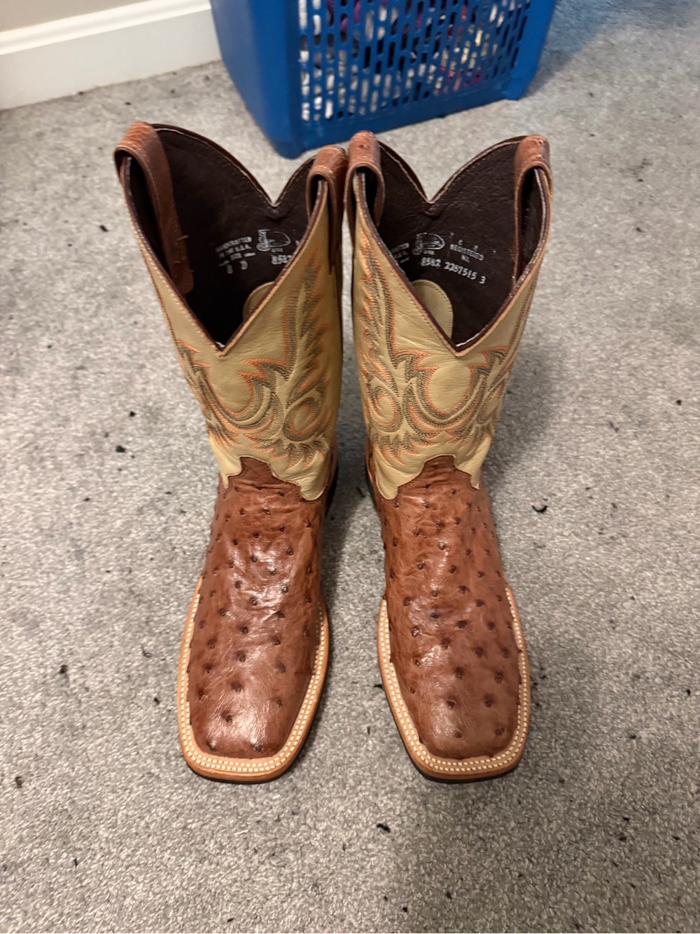 Trinity Men's Brown Ostrich Foot Cowboy Boots with Cream Embroidered Shaft